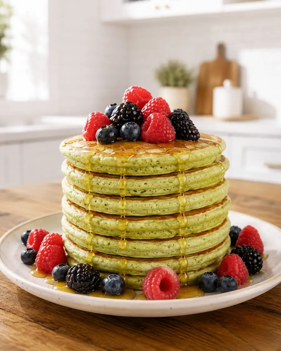 Hotcakes verdes esponjosos con miel y frutos rojos